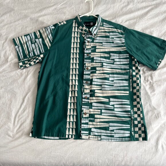Rare Sig Zane Hand Printed Hanakahi Aloha Shirt Green/white XL - Picture 1 of 9